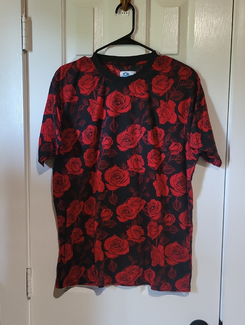 fresh Black Tee with Allover Red Rose Print